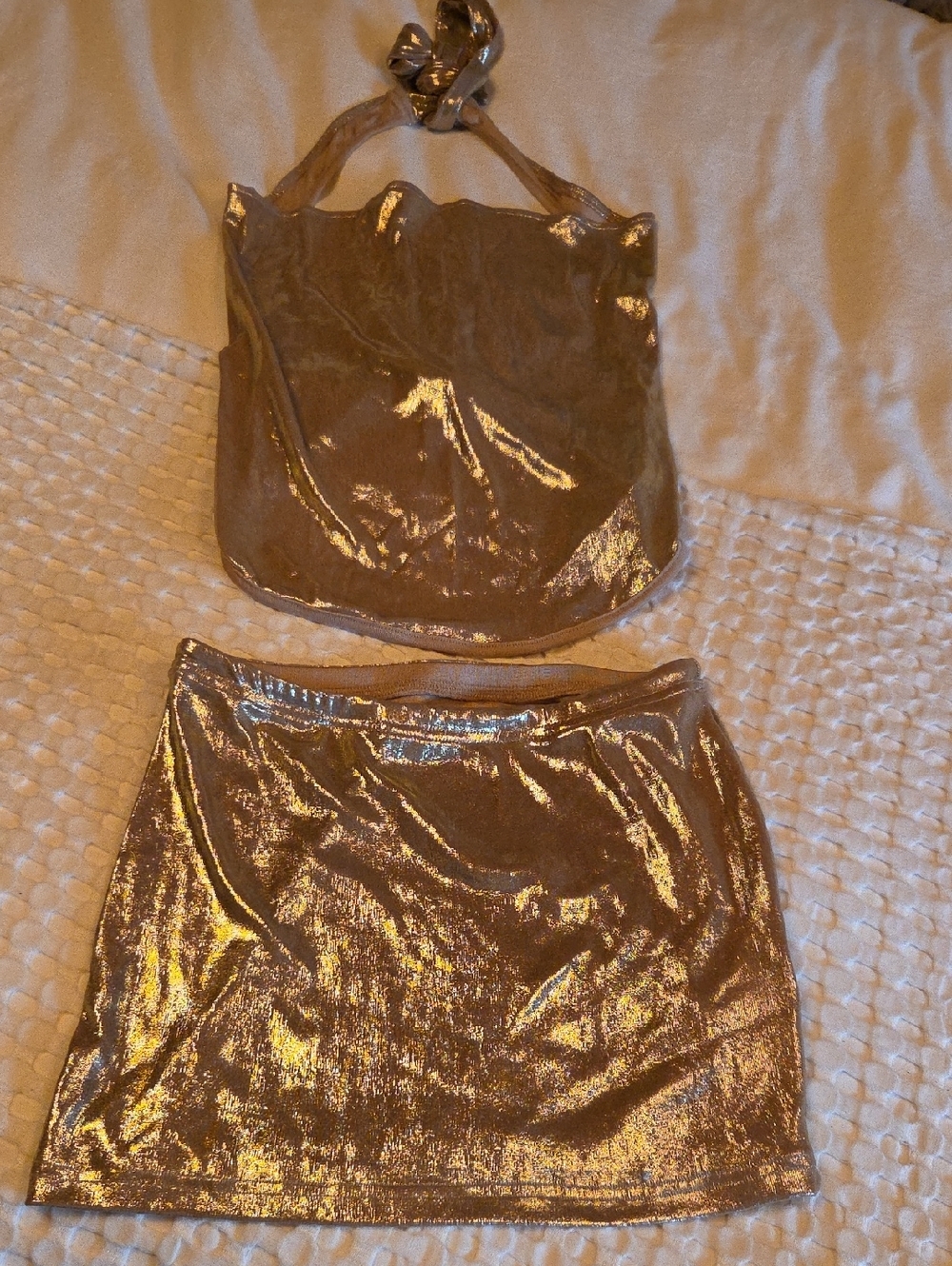 SHEIN Metallic Gold Halter Top and Mini Skirt Set